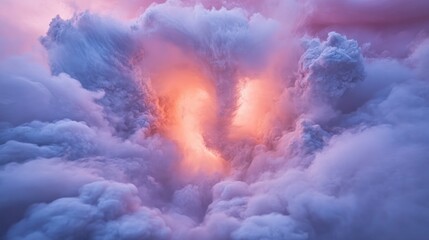Eruption's fiery heart, glowing orange amidst purple and grey clouds.