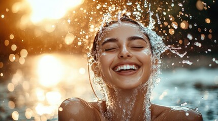 Obraz premium A beautiful woman joyfully splashing water on her face, with a fresh and natural look, captured in soft lighting and a serene environment