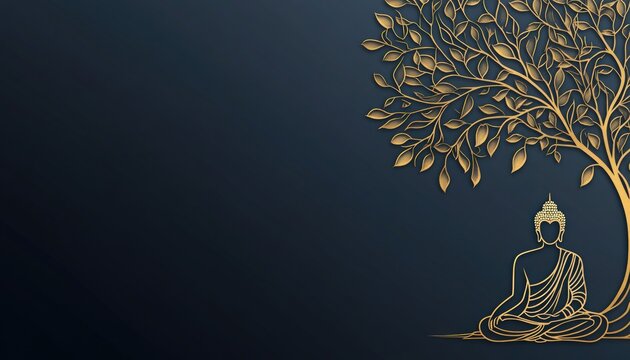 Silhouette of golden Buddha statue under a golden tree against a dark blue background