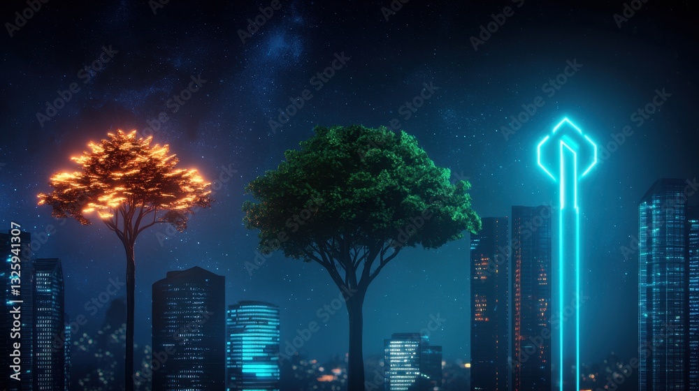 Poster a vibrant scene showing trees with unique glowing effects, contrasting natural elements against a fu