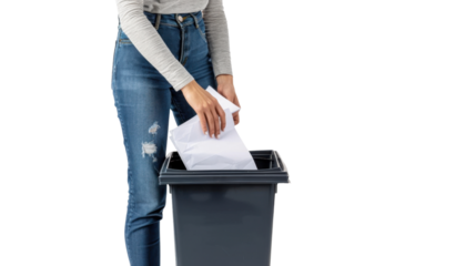 Woman throwing paper into trash can on transparent background