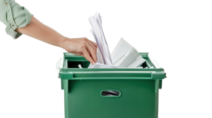 Woman throwing paper documents into green recycle bin with transparent background
