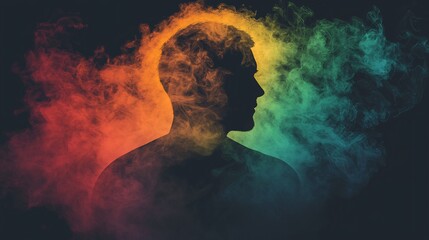Human silhouette dissolving into colorful smoke symbolizing transformation and fluid identity