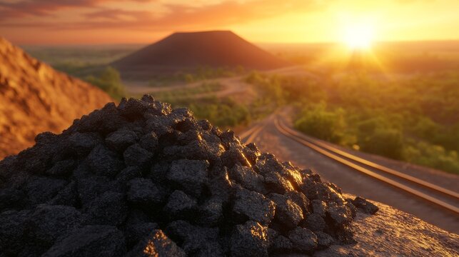 Warm sunlight illuminates black ore and gravel beside railway tracks, guiding the way to a lead and zinc mine, presenting a detailed view of an industrial landscape centered on mining, transport, and