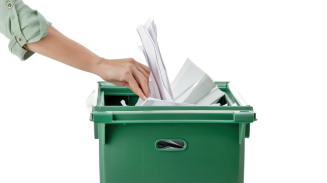 Woman throwing paper documents into green recycle bin with transparent background