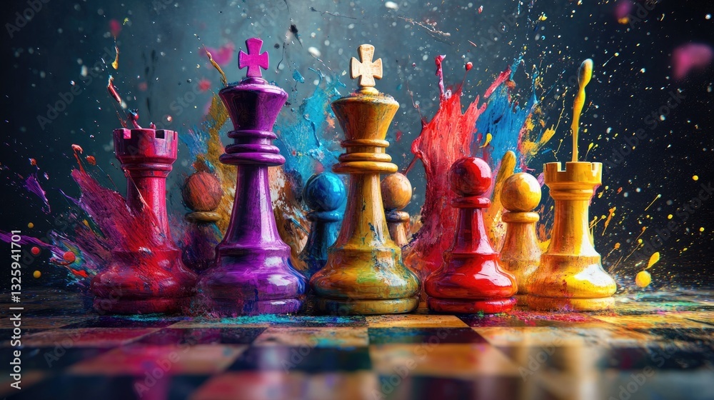 Poster A blend of colorful paint splashes with chess pieces in vibrant colors, capturing the essence of creativity, strategy, and artistic expression in one dynamic image