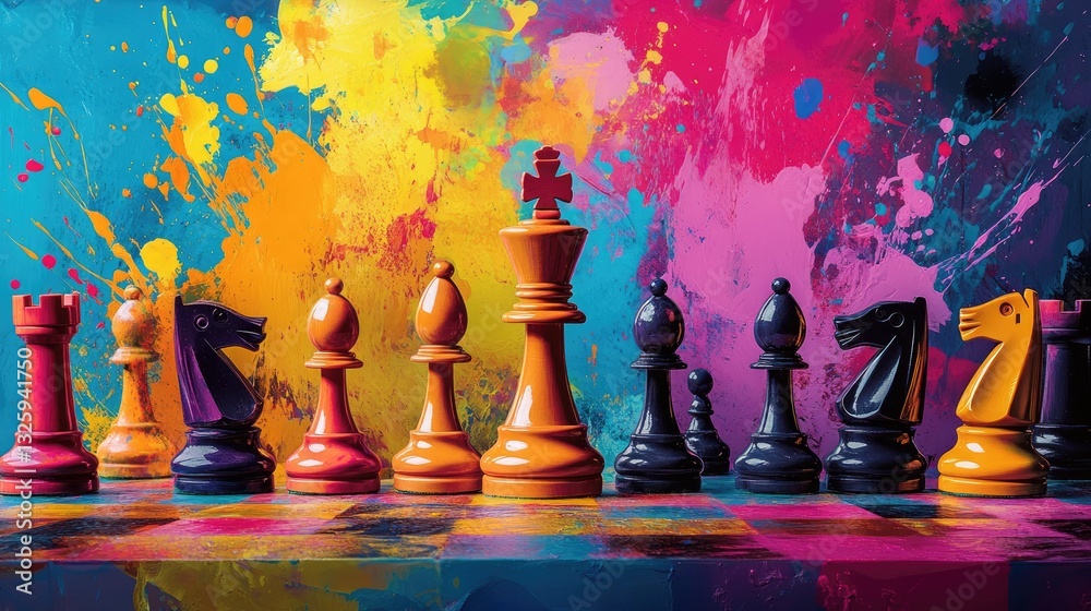 Poster A blend of colorful paint splashes with chess pieces in vibrant colors, capturing the essence of creativity, strategy, and artistic expression in one dynamic image