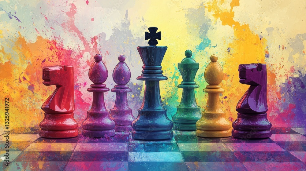 Poster A blend of colorful paint splashes with chess pieces in vibrant colors, capturing the essence of creativity, strategy, and artistic expression in one dynamic image