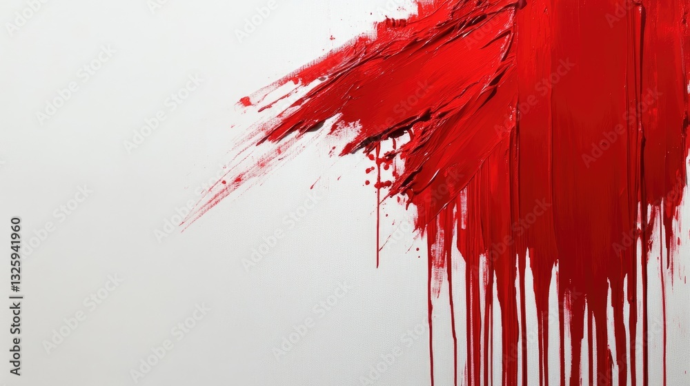 Poster a bold abstract splash of red paint with dramatic drips on a white canvas, capturing the essence of 