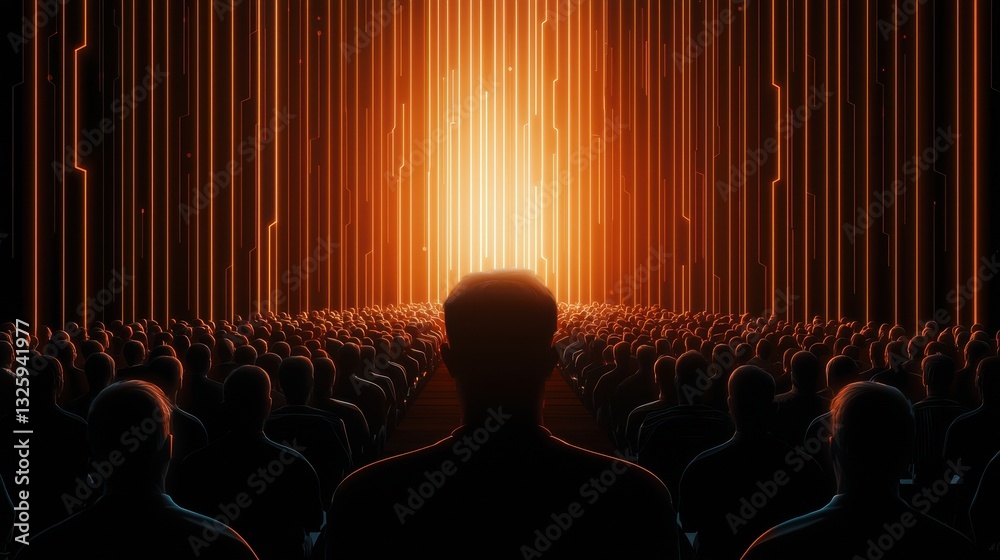 Poster a crowd of silhouetted figures faces a vibrant light source, creating an atmosphere of awe and antic