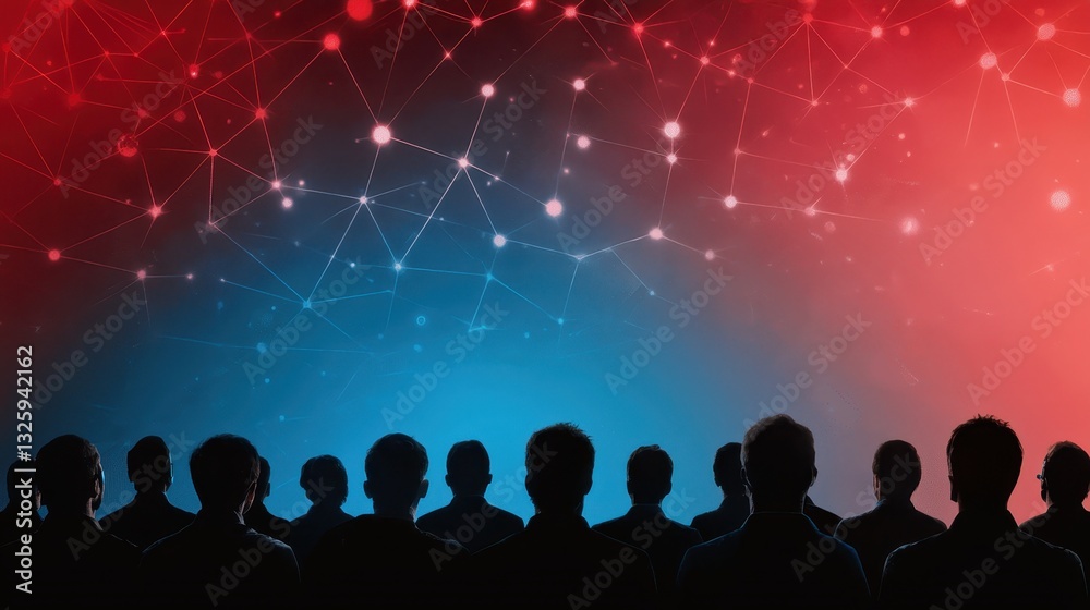 Poster a group of silhouettes against a vibrant red and blue background, featuring interconnected nodes, su