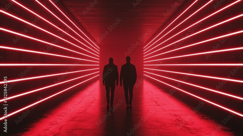 Poster two silhouetted figures walk through a corridor illuminated by vibrant red lights, creating a dramat