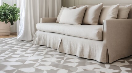 A Serene Living Room Scene Featuring A Luxurious Linen Sofa With A Pleated Skirt, Resting On A Geometric Patterned Rug, Exuding Calm And Understated Elegance With Soft Neutral Tones