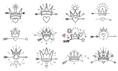 Hand drawn heart, arrow, and crown illustrations create whimsical and romantic design. Perfect for various creative projects, these elements evoke love and royalty