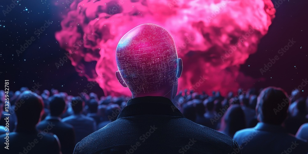 Poster a mesmerizing scene of a figure with a digital head, gazing at a vibrant cosmic explosion, surrounde