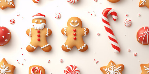 A delightful array of Christmas gingerbread men, candy canes, and assorted sweets,