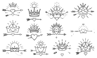 Hand drawn heart designs featuring arrows and crowns, showcasing love and royalty. These artistic elements evoke sense of creativity and passion, perfect for various projects