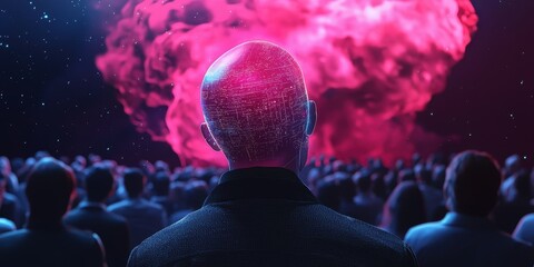 A mesmerizing scene of a figure with a digital head, gazing at a vibrant cosmic explosion, surrounded by an audience in a dark setting.