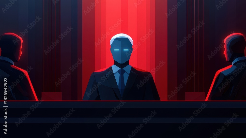Poster a futuristic, stylized scene featuring a central figure in a suit with glowing features, flanked by 