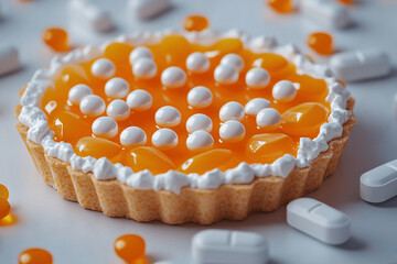 Ultra-realistic orange flavored paracetamol tart with pills scattered, illustrating overprocessed food