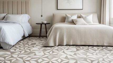 Serene Bedroom Sanctuary Featuring A Luxurious Geometric Rug, Soft Neutral Tones, And Plush Bedding Creating A Calming Atmosphere Of Tranquility And Sophisticated Comfort