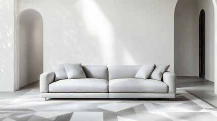 Serene Sanctuary A Plush, Light Grey Sofa Rests Invitingly In A Minimalist, Sun-drenched Room With A Geometric Rug