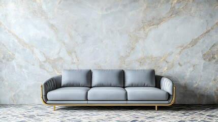 Serene Elegance A Sophisticated Grey Sofa Rests Against A Stunning Light Blue Marble Wall, Exuding Tranquility And Calm With A Hint Of Gold Accents
