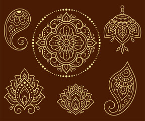 Set of Mehndi flower pattern for Henna drawing and tattoo. Decoration in ethnic oriental, Indian style. Doodle ornament. Outline hand draw vector illustration.