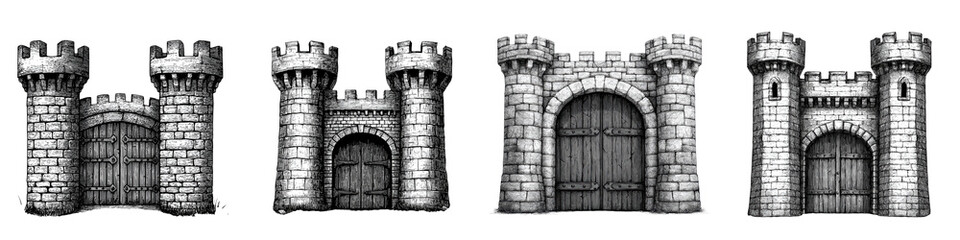 Detailed black and white depicting the architectural elements and features of imposing medieval fortresses including towers gates walls battlements and other defensive structures