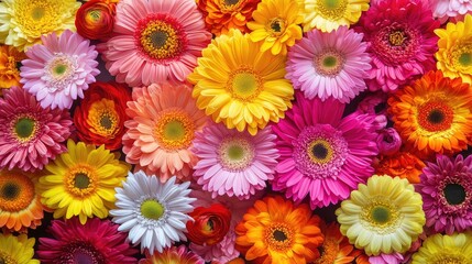 Fototapeta premium A bright, colorful floral background of gerbera daisies and chrysanthemums in full bloom, perfect for festive, cheerful, or nature-themed imagery