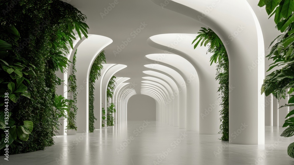 Aufkleber a modern, sleek corridor adorned with lush greenery and elegant arches, creating a serene and inviti