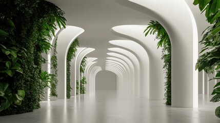 Fototapeta premium A modern, sleek corridor adorned with lush greenery and elegant arches, creating a serene and inviting atmosphere.