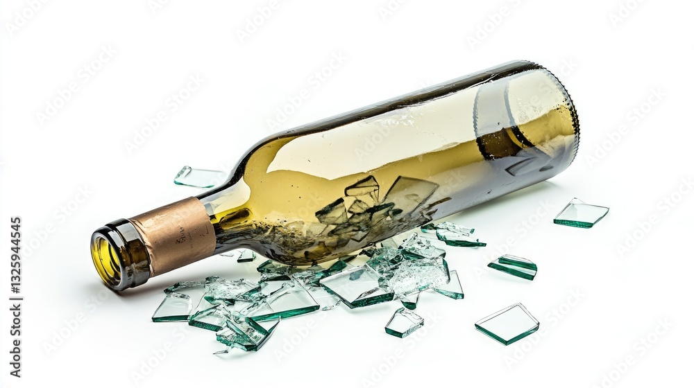 Poster a broken wine bottle with glass shards spread out, isolated on a white background, showcasing the de