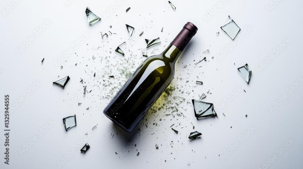 Poster a broken wine bottle with glass shards spread out, isolated on a white background, showcasing the de