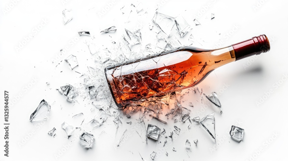 Poster a broken wine bottle with glass shards spread out, isolated on a white background, showcasing the de