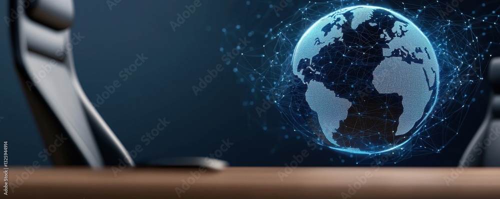 Poster a digital globe visualized in a modern workspace, showcasing a technological theme with sleek office