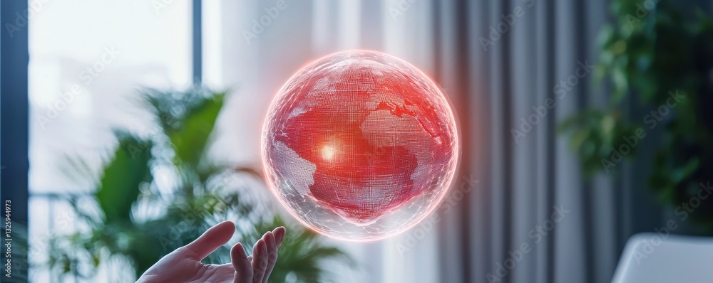 Poster a glowing red sphere held in a hand, surrounded by a modern indoor setting with plants, representing