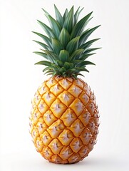 Fototapeta premium Ripe pineapple standing on white background showing green crown