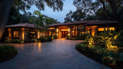 Fototapeta premium Elegant mediterranean style home with illuminated landscaping at dusk