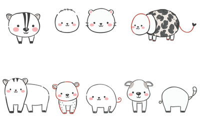 Cute animal doodles featuring various adorable creatures with playful expressions. These charming illustrations include skunk, bear, panda, sheep, and more, perfect for children designs