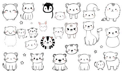 Cute animal doodles featuring various adorable creatures with charming expressions and playful designs. These illustrations are perfect for children books, stationery, or playful decor