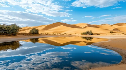 Serene desert oasis reflecting a vibrant sky.  A tranquil pool of water mirrors the clouds and dunes.  Sparse vegetation punctuates the golden sand