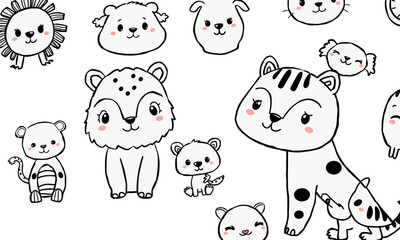Cute animal doodles featuring various playful creatures like lions, tigers, and bears, all illustrated in charming, simplistic style. Perfect for children designs and playful themes