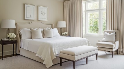 Cozy bedroom with a neutral color palette and lightweight freestanding furniture.