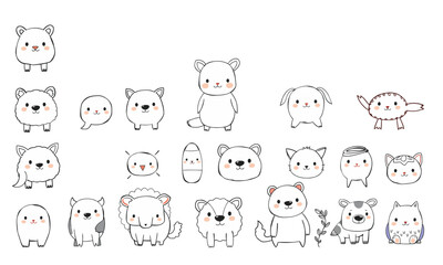 Cute animal doodles featuring various adorable creatures in playful style. collection includes panda, fox, rabbit, and more, all designed with charming expressions and simple lines
