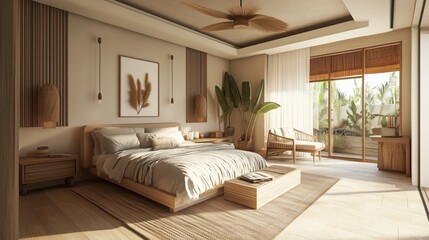 Fototapeta premium Modern bedroom with natural light and stylish decor elements. Mental Health and Self-Care 