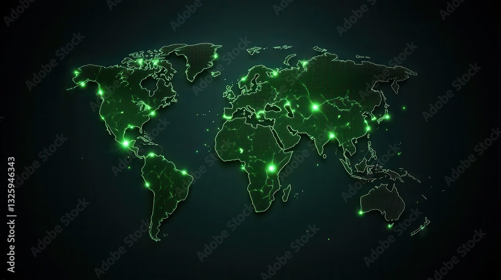 Poster a digital illustration of a green world map with glowing nodes, representing connectivity and techno