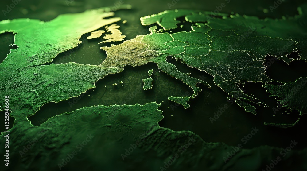 Poster a detailed green map of europe, showcasing terrain features and topography with a focus on natural e