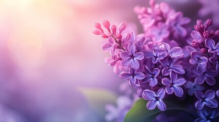 Blooming lilac violet flowers in spring garden with soft art design background