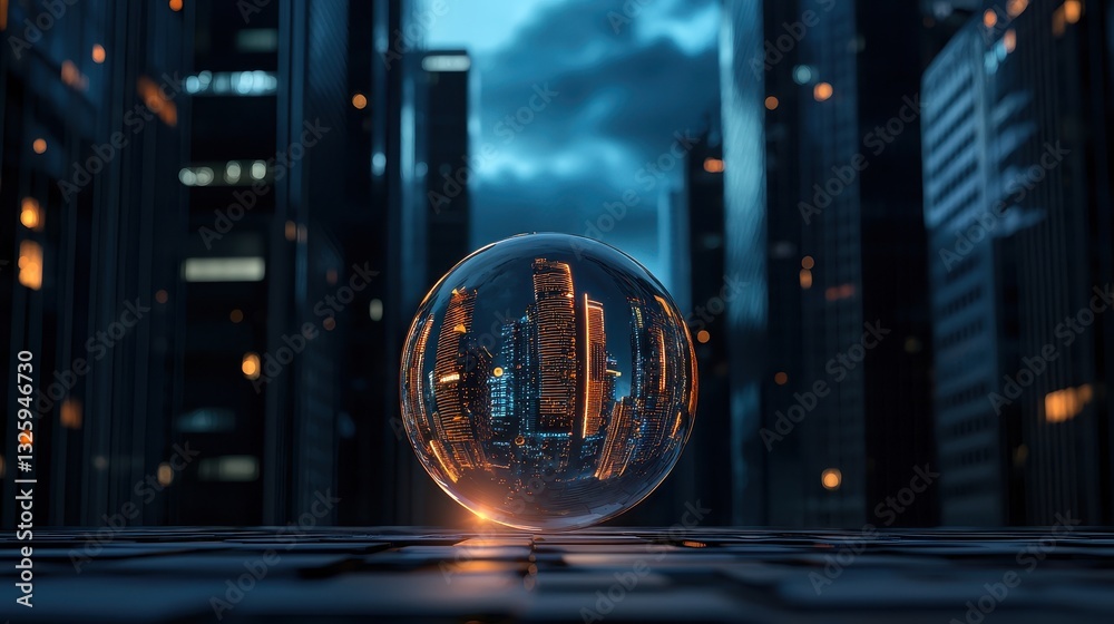 Poster a futuristic cityscape is encapsulated within a transparent sphere, illuminated by glowing orange li